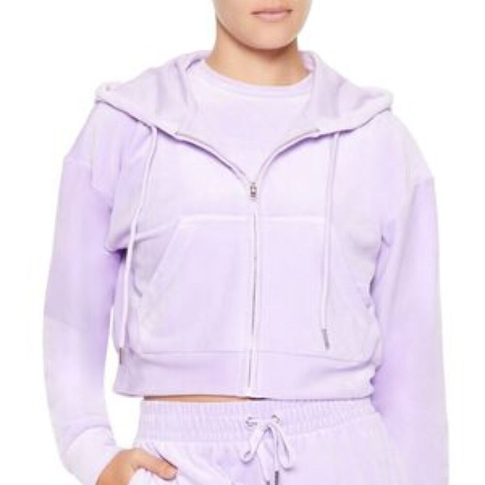 Forever 21 Lavender Velour Tracksuit Full Zip Crop Hoodie & Jogger Set Small
